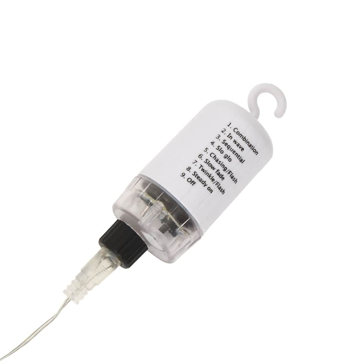 Ein weißes, zylindrisches Gerät mit Optionen für Weihnachtsbeleuchtung. Es hat einen Haken und eine klare Basis mit Drähten. Das Gerät hat Einstellungen.