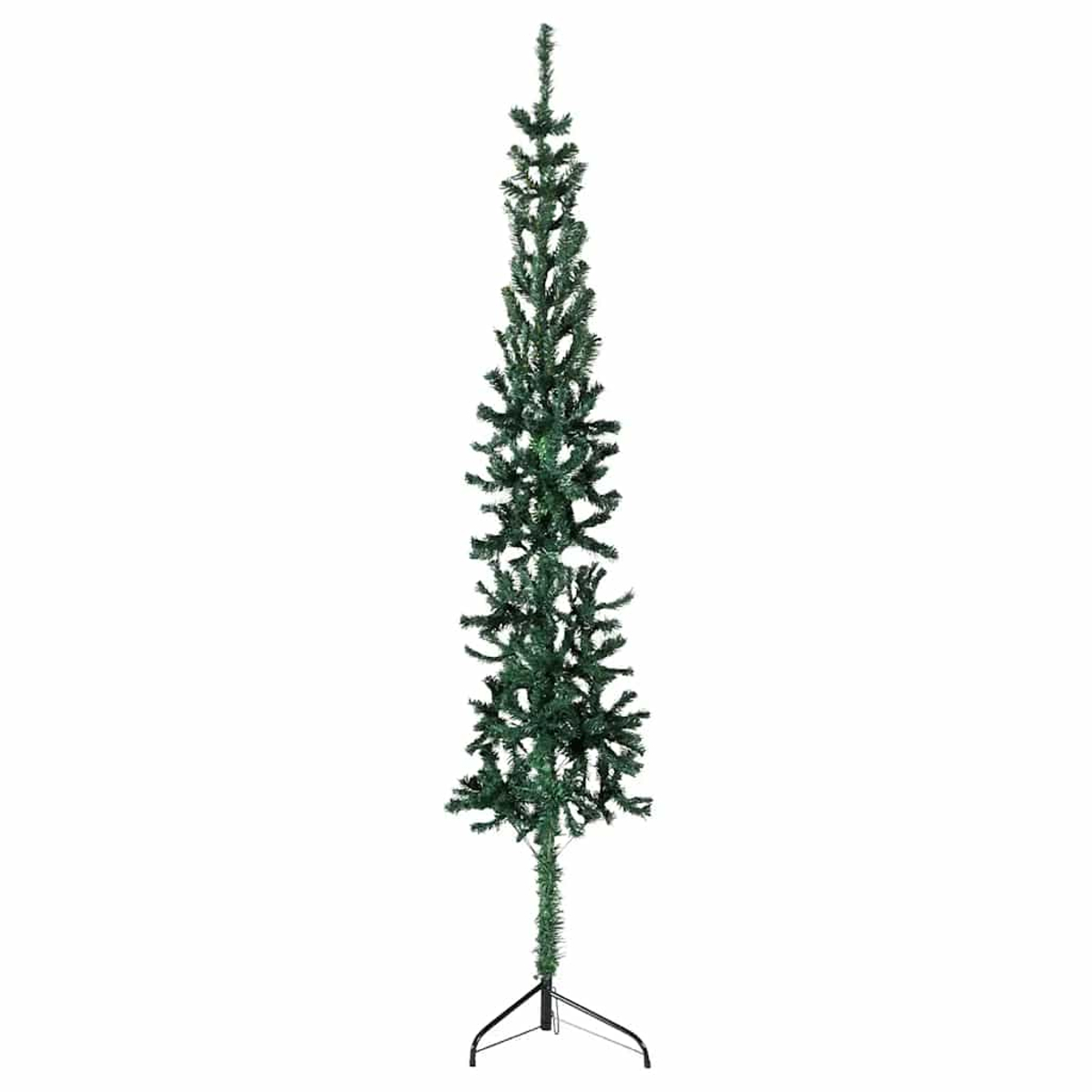 Ein hoher, grüner künstlicher Weihnachtsbaum steht auf einem schwarzen Metallsockel. Der Baum ist schlank und ohne Schmuck, vor weißem Hintergrund.