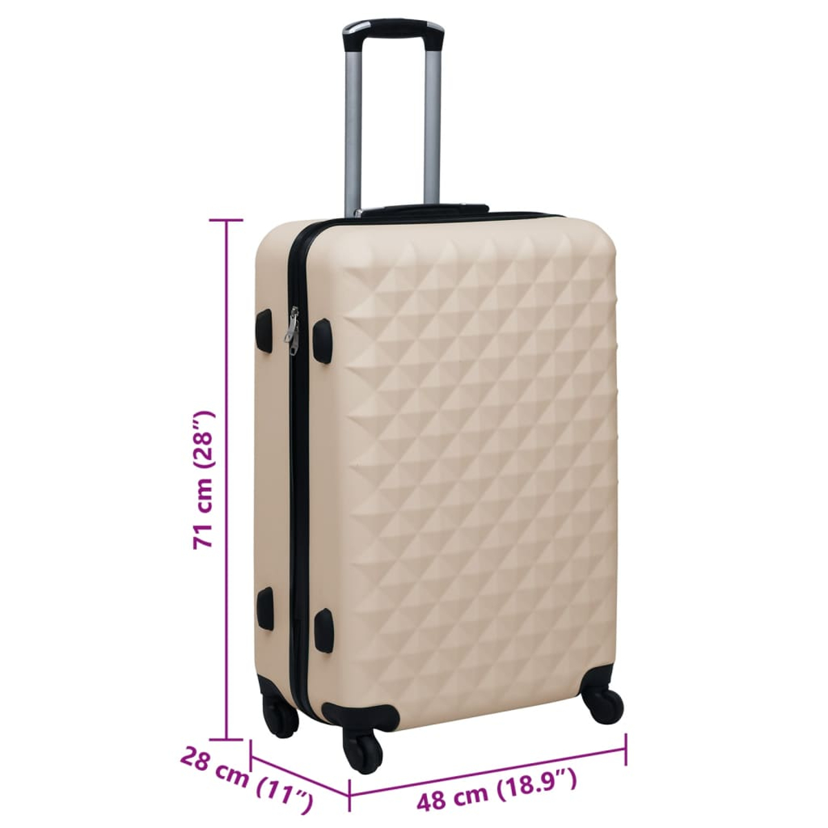Valigia beige con dettagli neri e dimensioni indicate. Ha un manico retrattile e quattro ruote. La superficie è strutturata.