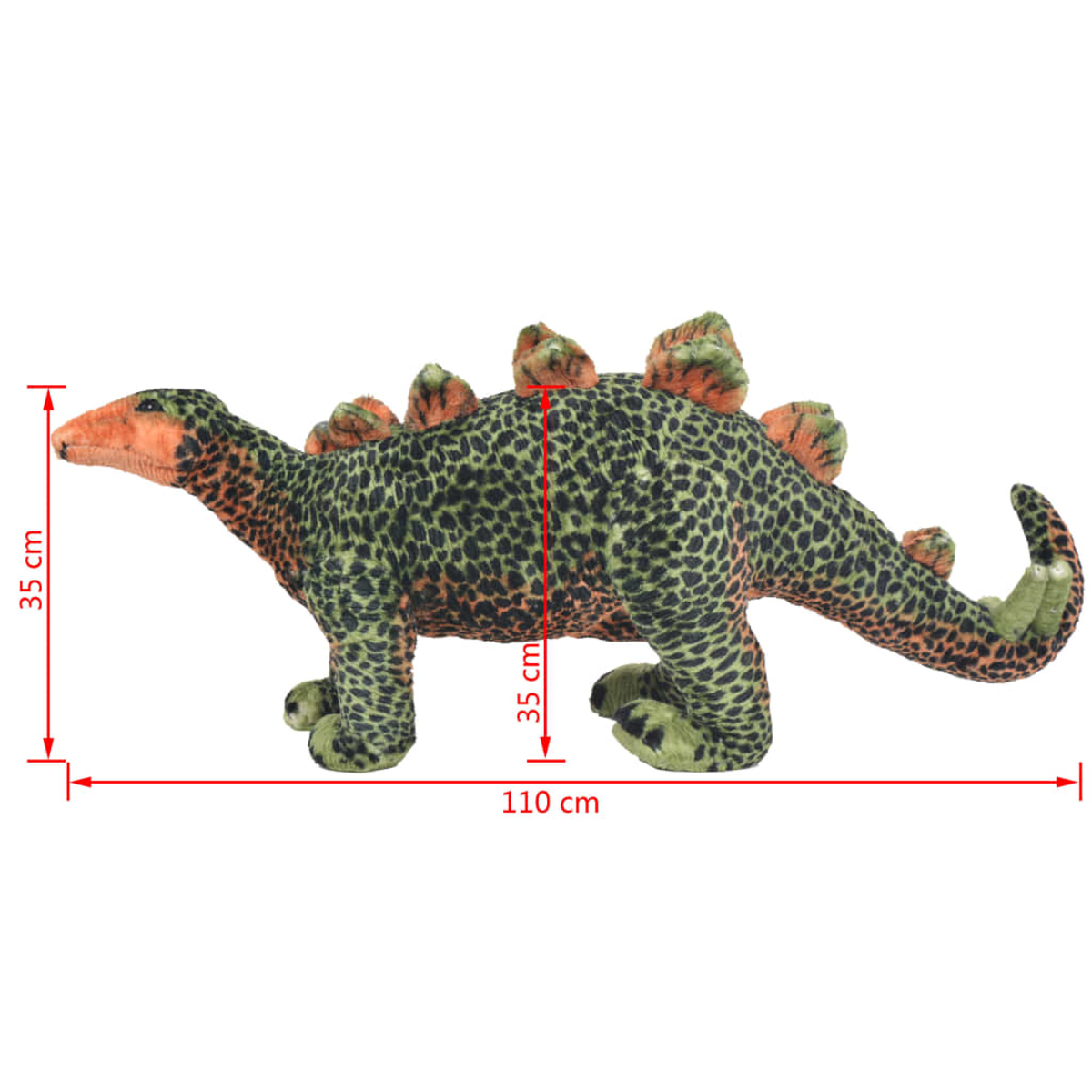 Ein ausgestopftes Dinosaurierspielzeug, grün mit schwarzen Flecken, orangefarbenen Akzenten. Maße: 110 cm lang, 35 cm hoch.