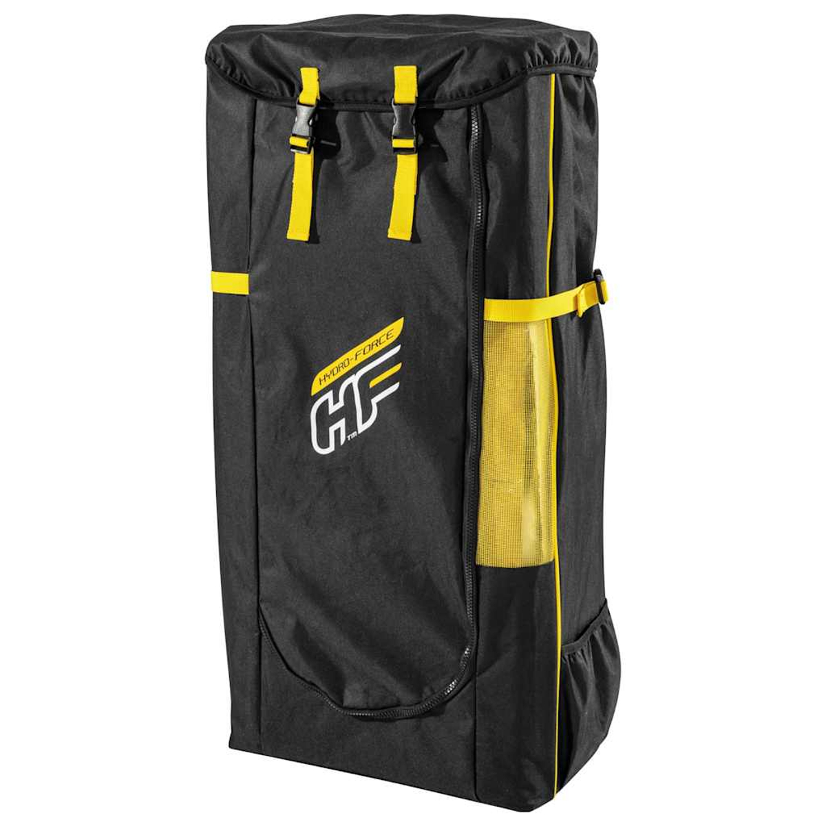 Czarna torba Hydro-Force z żółtymi akcentami. Ma żółte paski, klamry i kieszeń z siatki. Widoczne jest logo Hydro-Force.