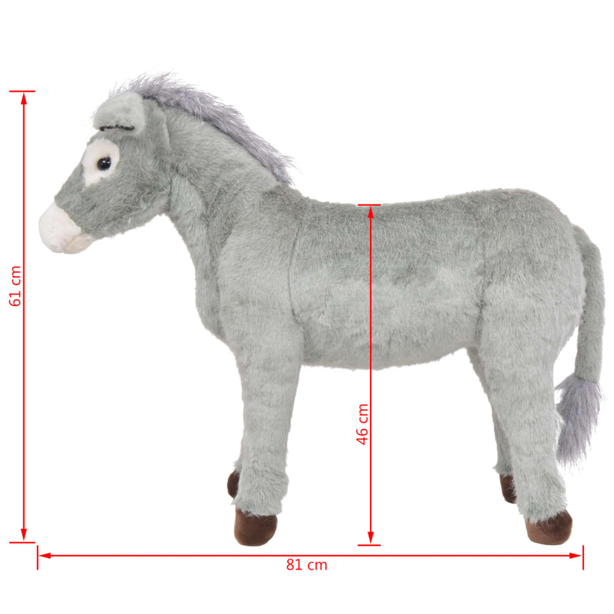 Ein plüschgraues Eselspielzeug mit braunen Hufen steht vor einem weißen Hintergrund. Die Maße sind 61 cm hoch, 46 cm breit und 81 cm lang.