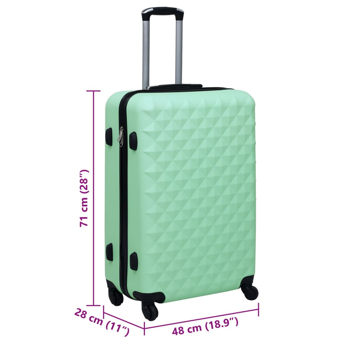 Una valigia verde chiaro con manico retrattile e ruote. Le dimensioni sono: 71 cm (28"), 28 cm (11"), e 48 cm (18,9").
