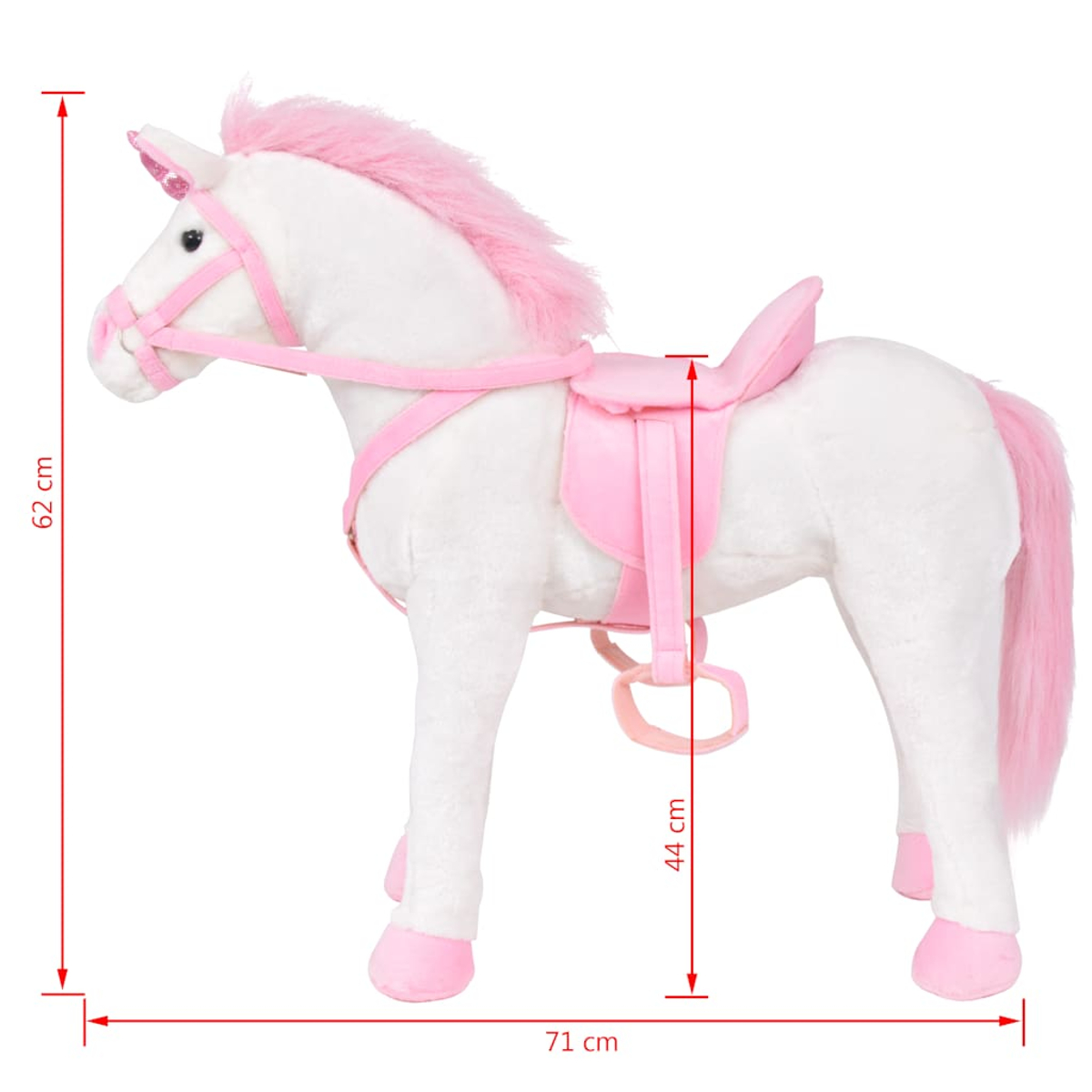 Ein weißes Stoffpferd mit rosa Mähne, Schweif, Sattel und Zaumzeug. Abmessungen: 62 cm hoch, 44 cm Sattelhöhe und 71 cm lang.