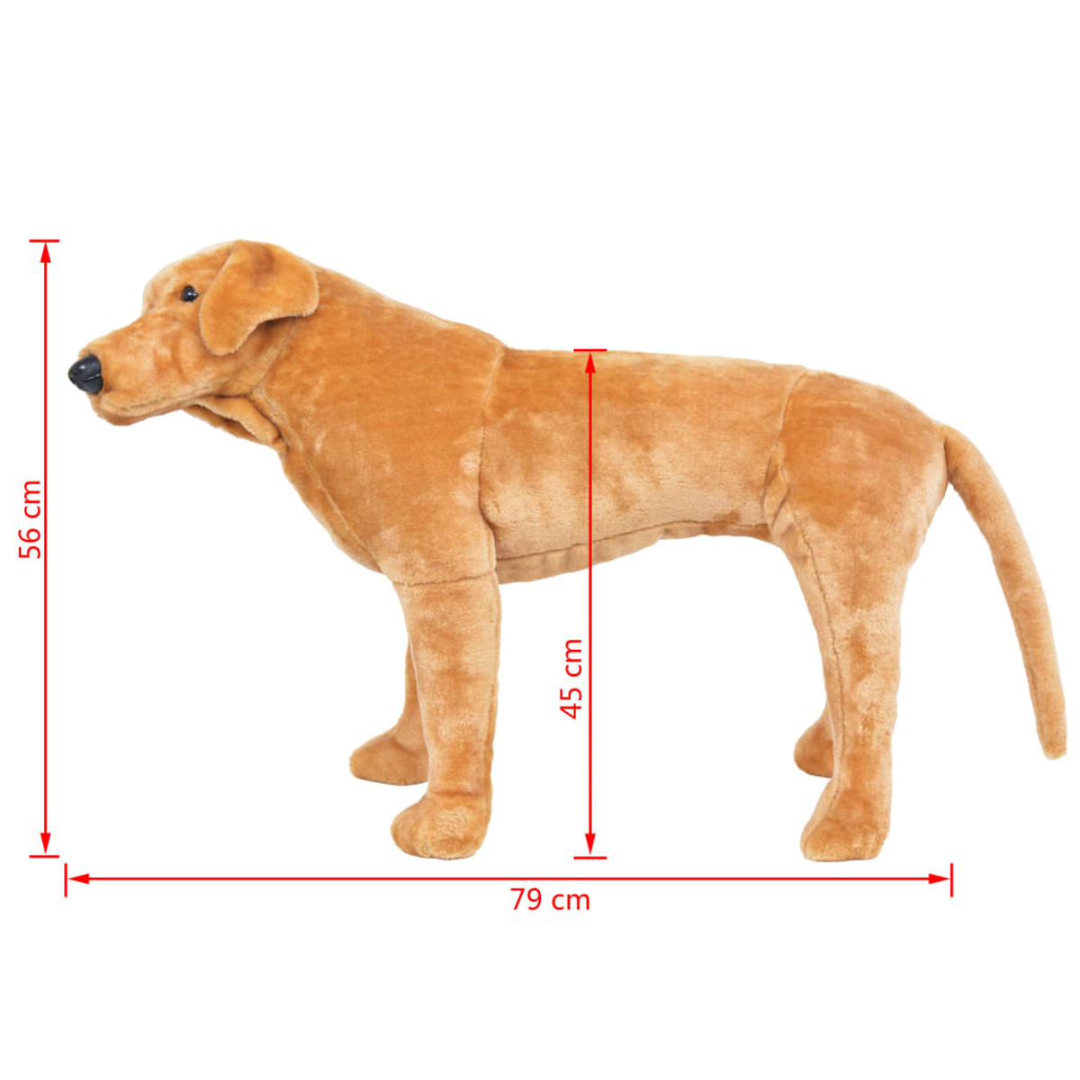 Ein plüschiger, brauner Labrador-Hundespielzeug wird gemessen. Es ist 79 cm lang, 56 cm hoch und 45 cm vom Rücken bis zum Boden.