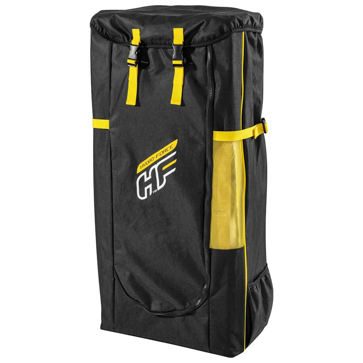 Black bag with yellow accents. Features Hydro-Force logo, yellow straps and buckles, and a mesh side pocket.