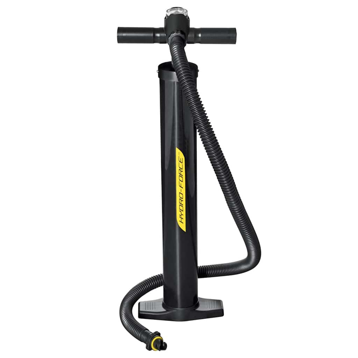Czarna pompa Hydro-Force z żółtym logo. Posiada uchwyt, wąż i podstawę. Na białym tle.