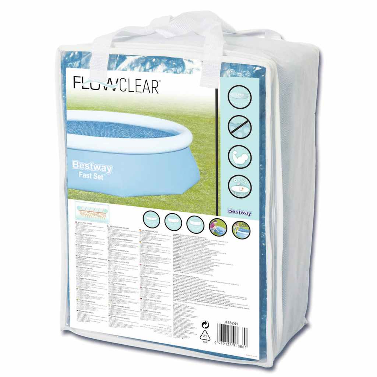 Ein Bestway Fast Set Pool-Paket wird gezeigt, gehalten in einer transparenten Plastiktüte. Das Paket hat blaue und weiße Farben und enthält Pool-Details.