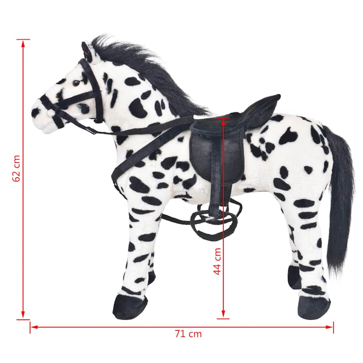 Ein Spielzeugpferd mit schwarz-weißen Flecken. Es hat einen schwarzen Sattel und Zaumzeug. Maße: 62 cm Höhe, 71 cm Länge, 44 cm Sattelhöhe.