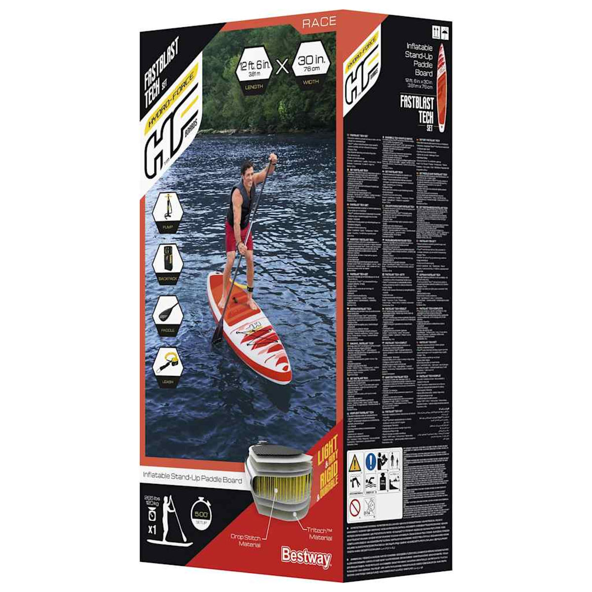 A man paddles on a red and white paddleboard on a lake, with a product box in the background.