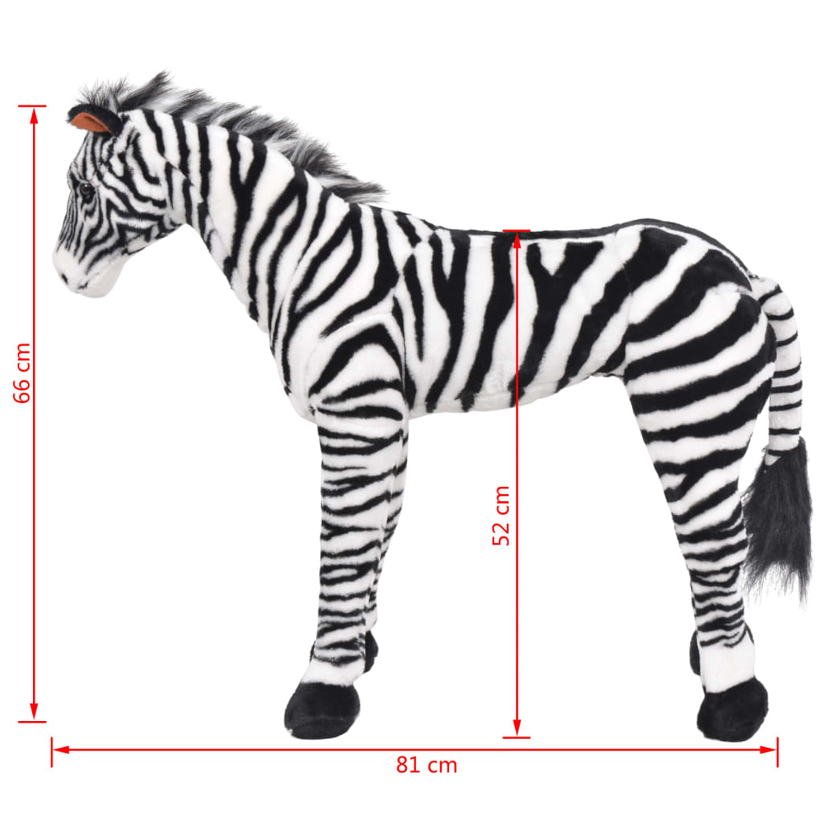 Ein Stoffzebra mit schwarz-weißen Streifen. Abmessungen von Höhe, Länge und Breite sind mit roten Linien und Zahlen angegeben.