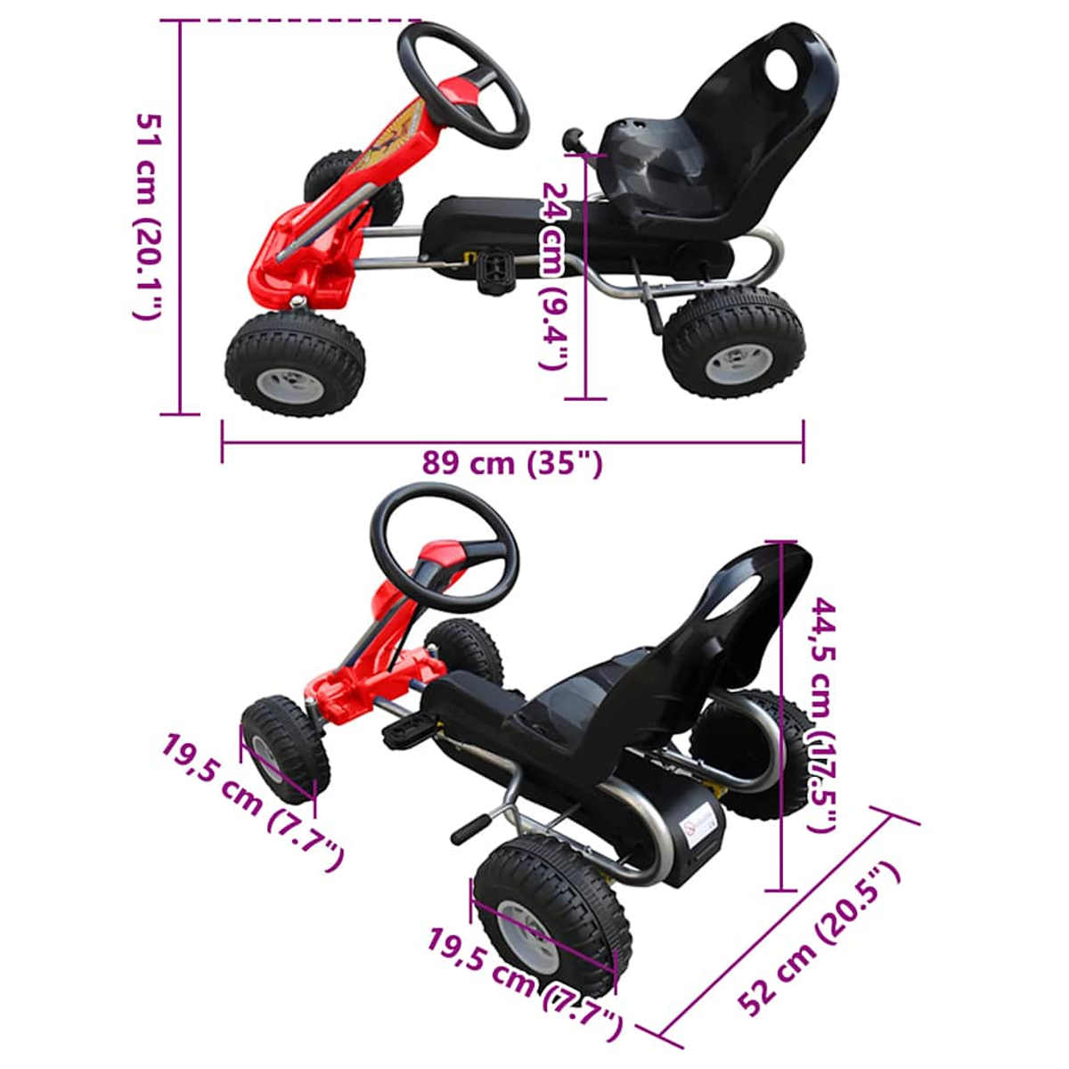 Un go-kart rosso e nero con dimensioni indicate. Il go-kart ha volante, sedile e quattro ruote.