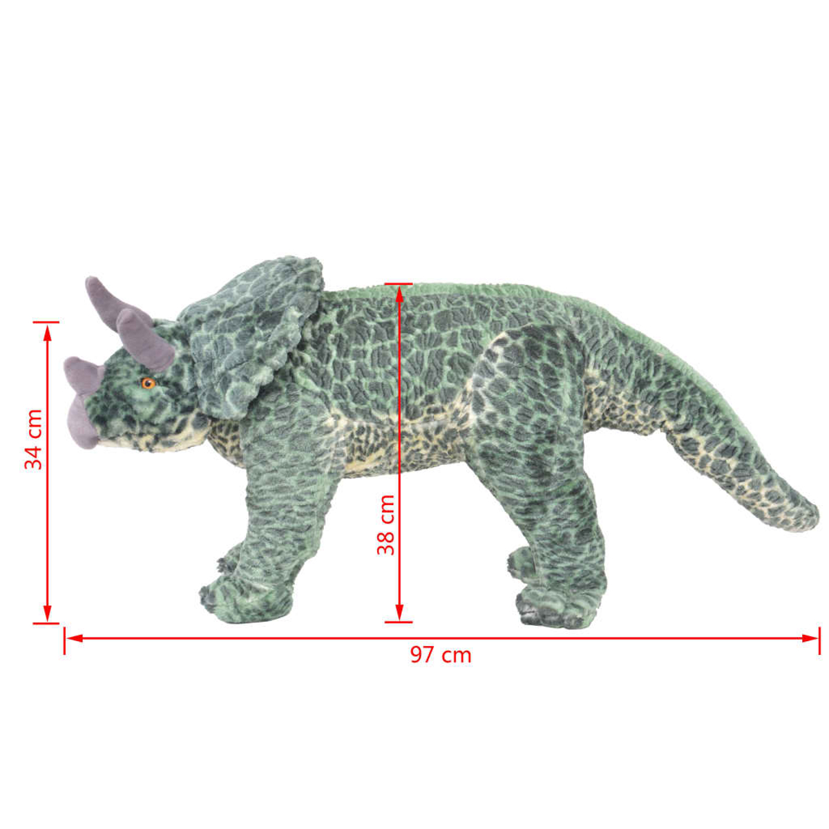Ein Stofftier eines Triceratops, grün mit dunkleren Flecken, hat drei Hörner und einen Kragen. Maße: 97 cm lang, 34 cm hoch, 38 cm hoch.