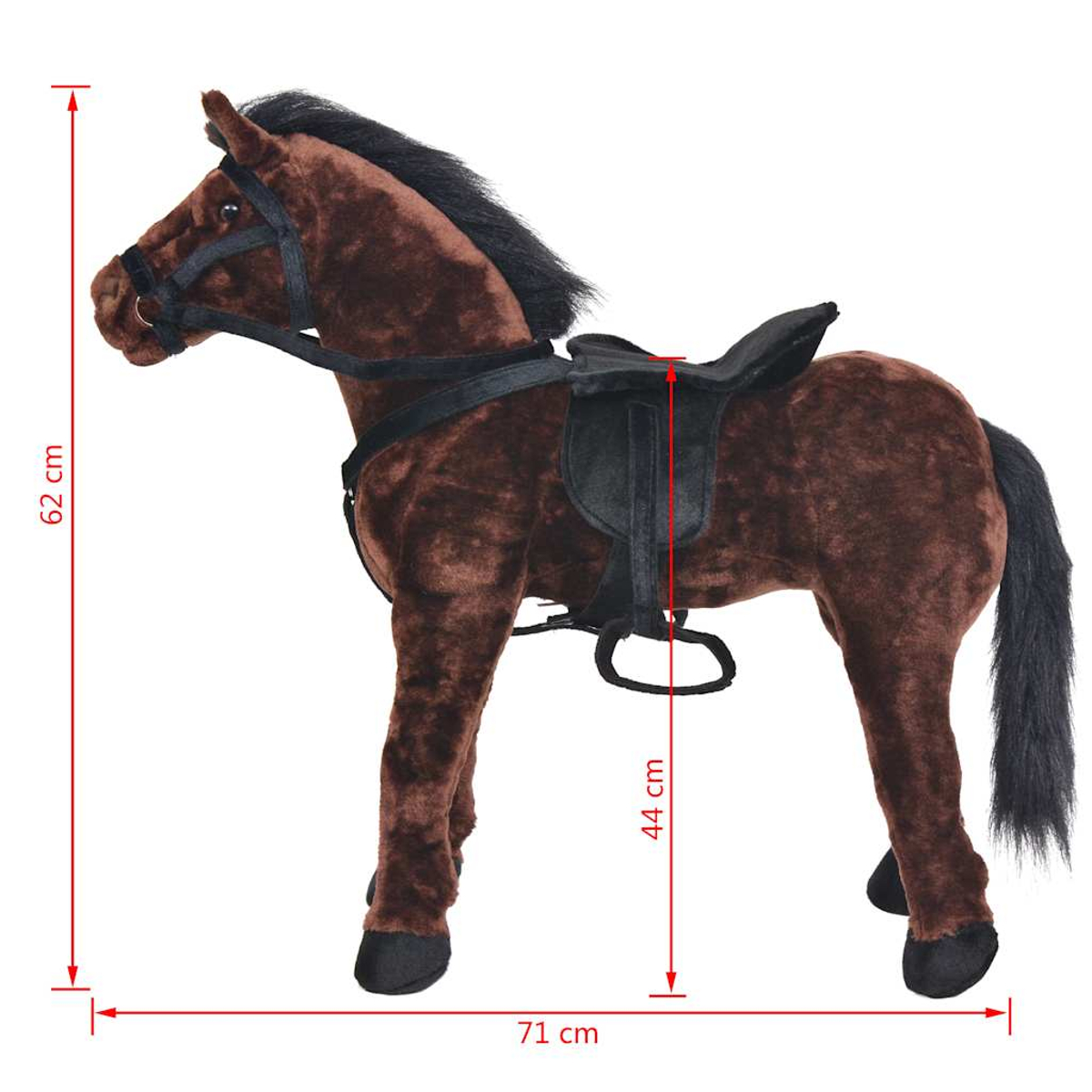 Ein plüschiges braunes Pferdespielzeug mit schwarzer Mähne, Schweif und Sattel. Abmessungen: 62 cm Höhe, 44 cm Sattelhöhe und 71 cm Länge.