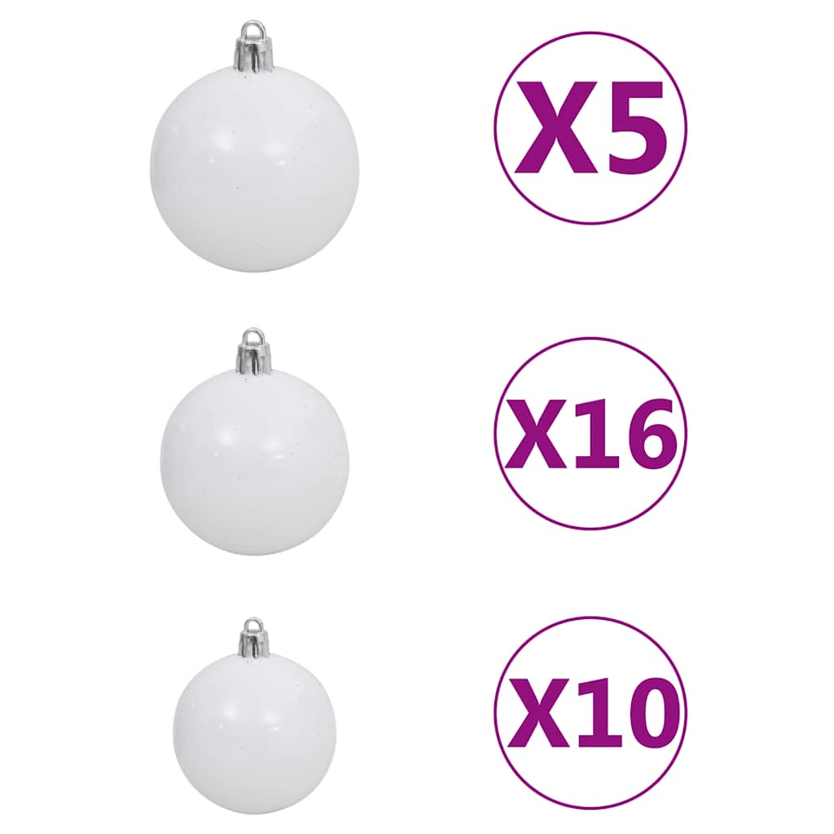 Drei weiße Weihnachtskugeln mit silbernen Spitzen. Die Zahlen X5, X16 und X10 sind in lila Kreisen.