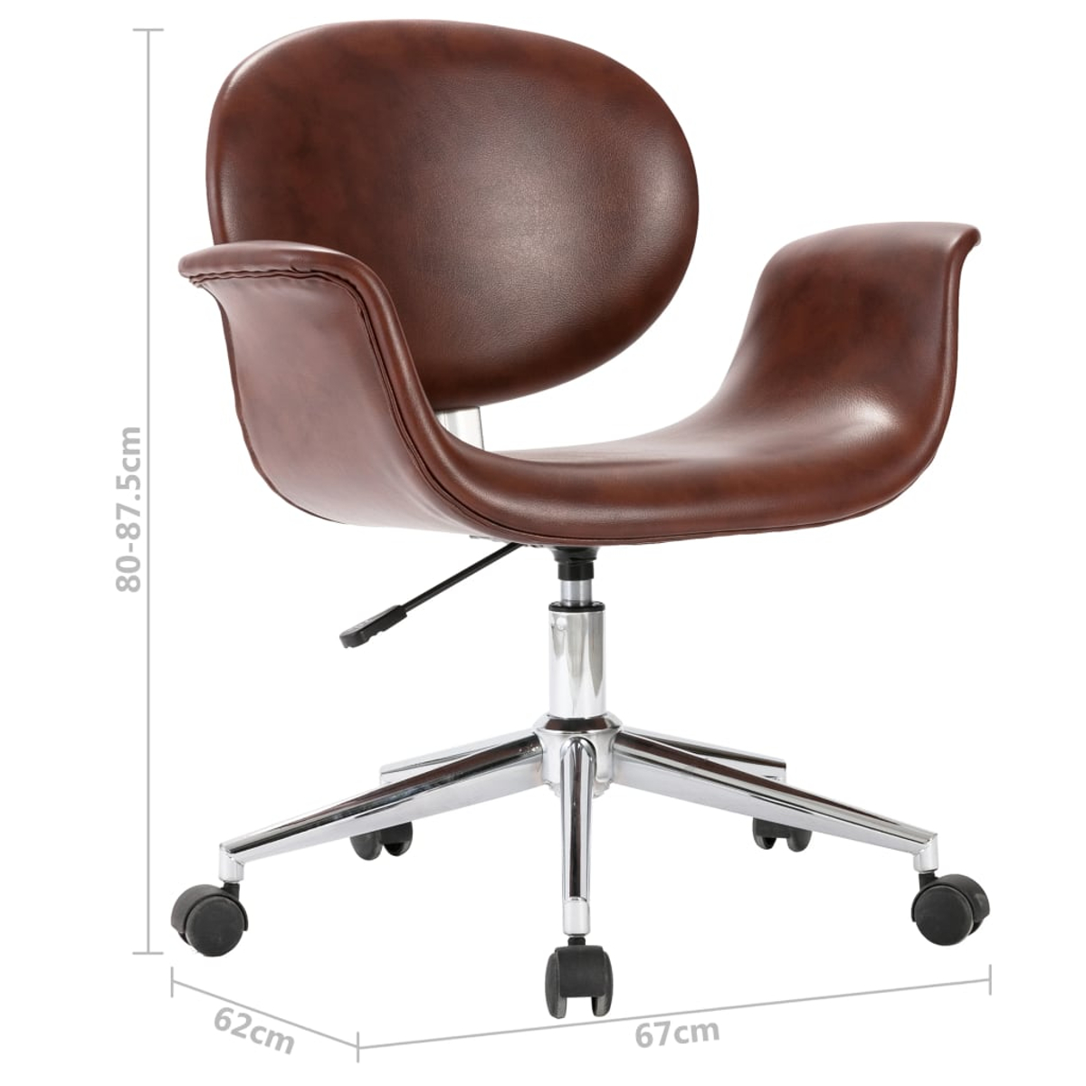 Brauner Bürostuhl mit Chromgestell und Rollen. Maße: 80-87,5 cm Höhe, 62 cm Breite, 67 cm Tiefe.