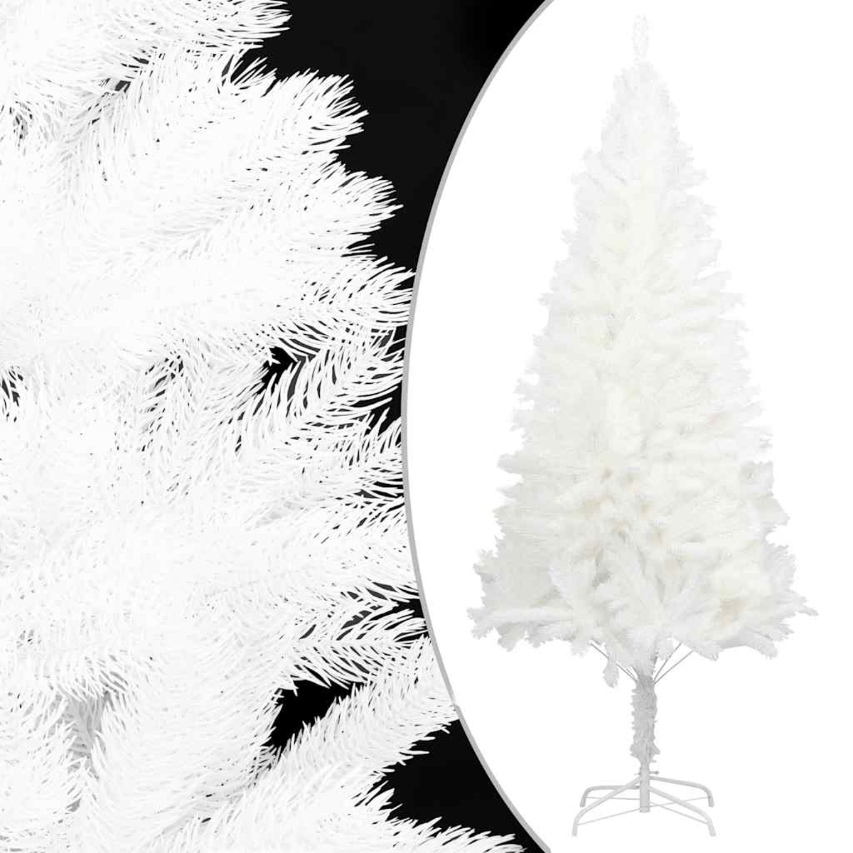 Ein weißer künstlicher Weihnachtsbaum steht vor einem schwarz-weißen Hintergrund. Der Baum ist vollständig mit weißen, flauschigen Nadeln bedeckt.
