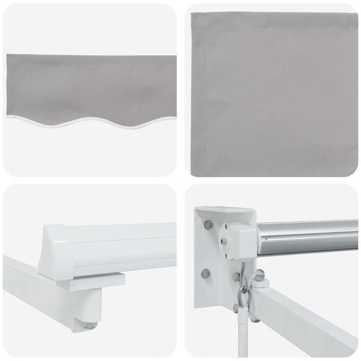 Quattro sezioni di una tenda da sole retrattile. Tessuto grigio, telaio in metallo bianco e hardware di montaggio visibili su sfondo bianco.