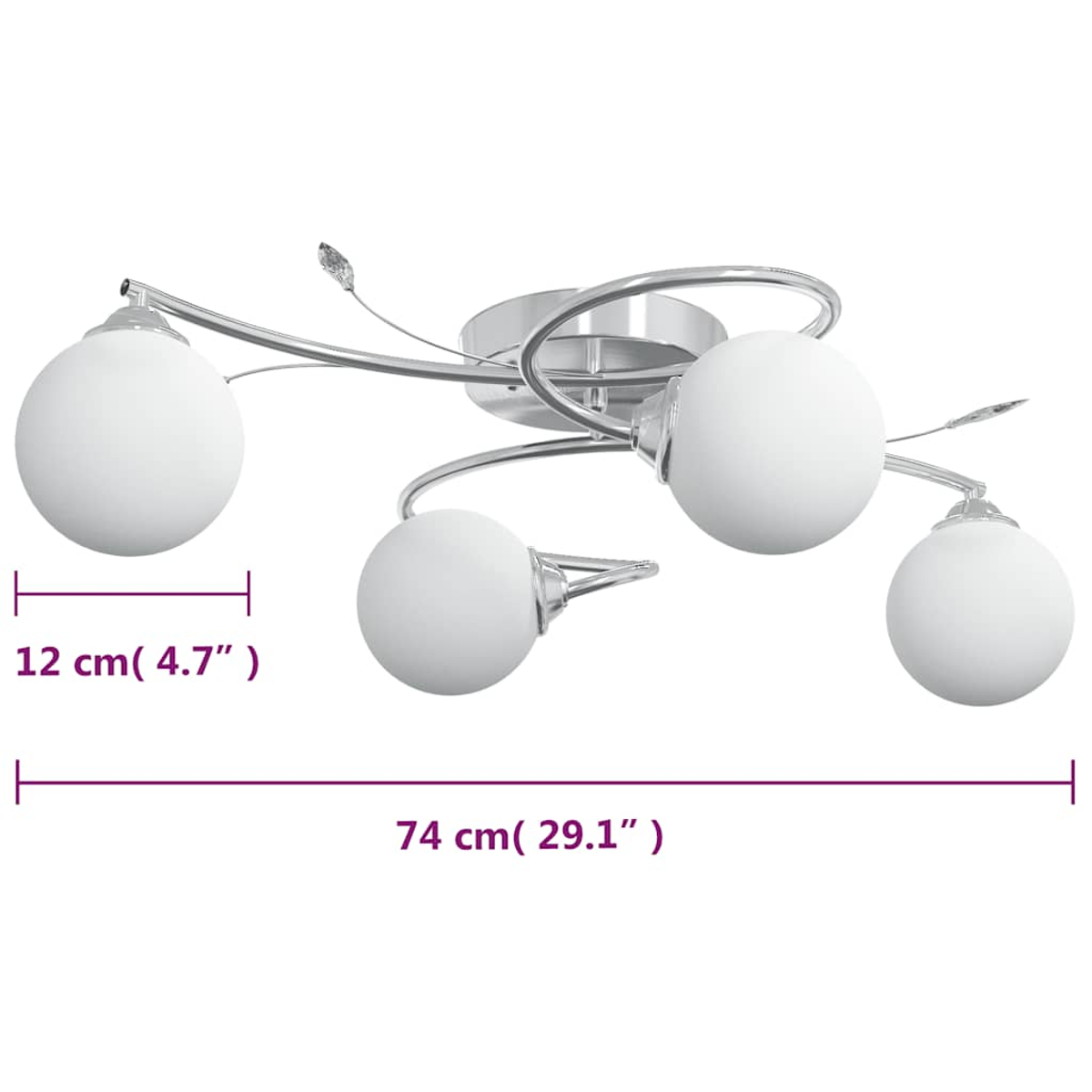Eine Deckenleuchte mit vier weißen Kugellampen und Chromakzenten. Die Abmessungen betragen 74 cm und 12 cm.