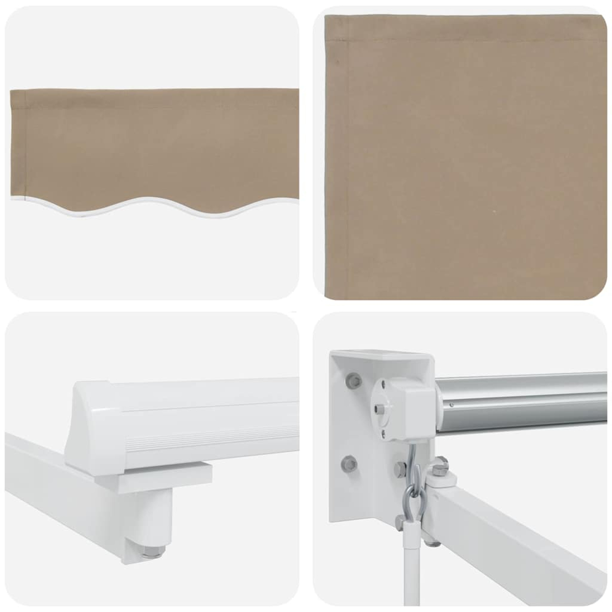 Bilder zeigen Teile einer beigen Markise: Stoff, Montagehalterung und Armstütze. Weißer Metallrahmen und beiger Stoff.