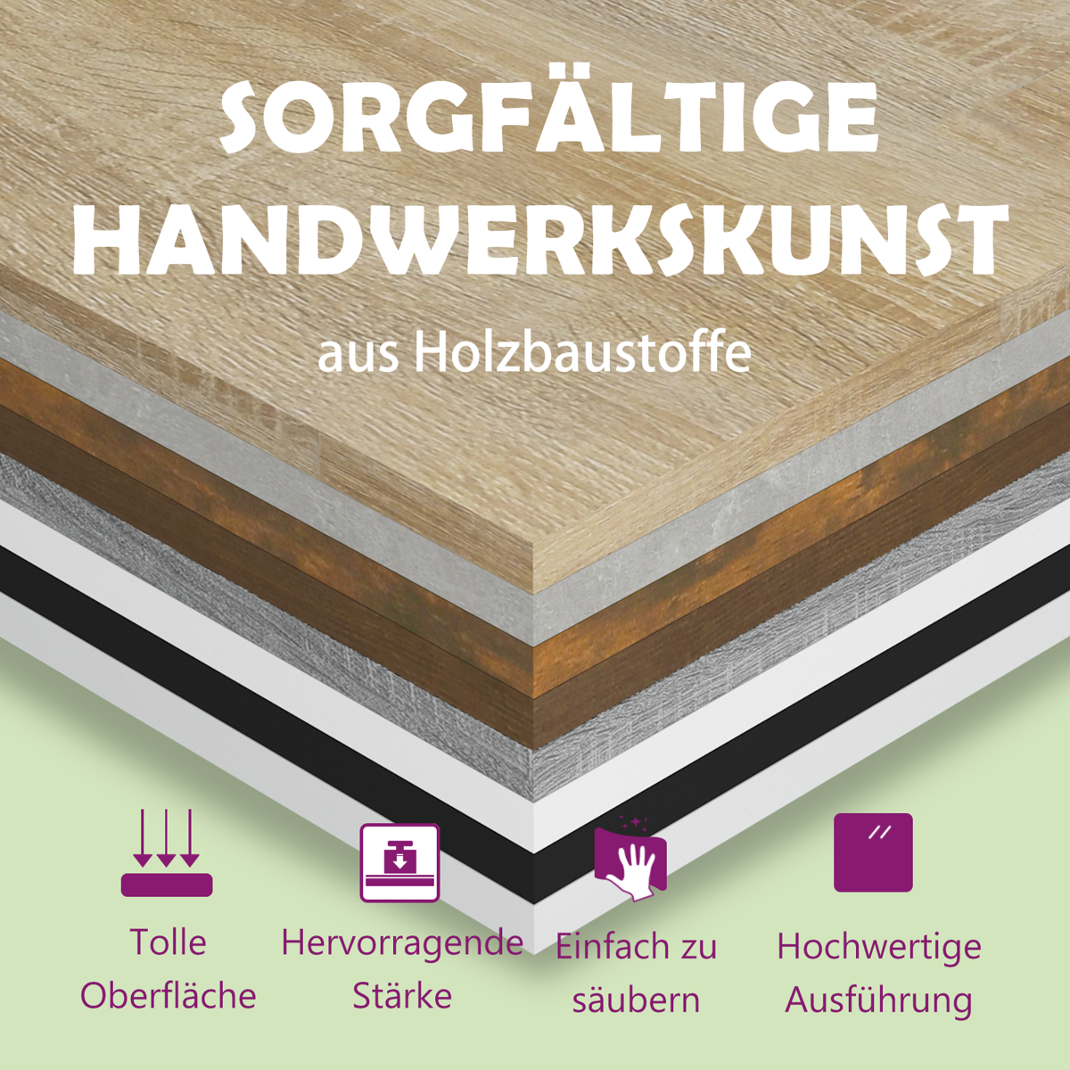 Schichten von Holzmaterialien mit Text: Sorgfältige Handwerkskunst. Icons für Oberfläche, Stärke, einfache Reinigung und hohe Qualität.
