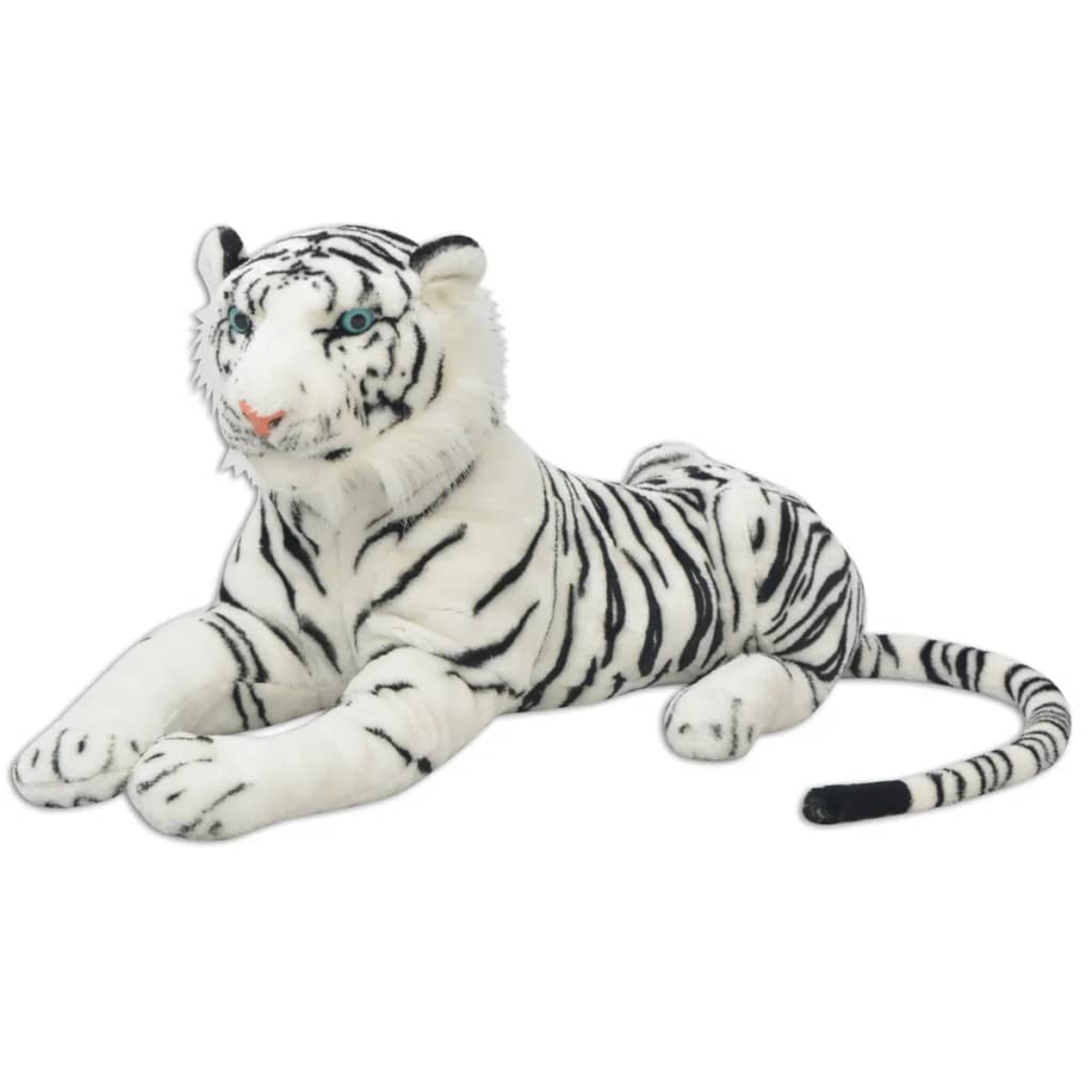Ein weißes Tiger-Plüschtier mit schwarzen Streifen liegt. Es hat blaue Augen und eine rosa Nase, der Hintergrund ist weiß.
