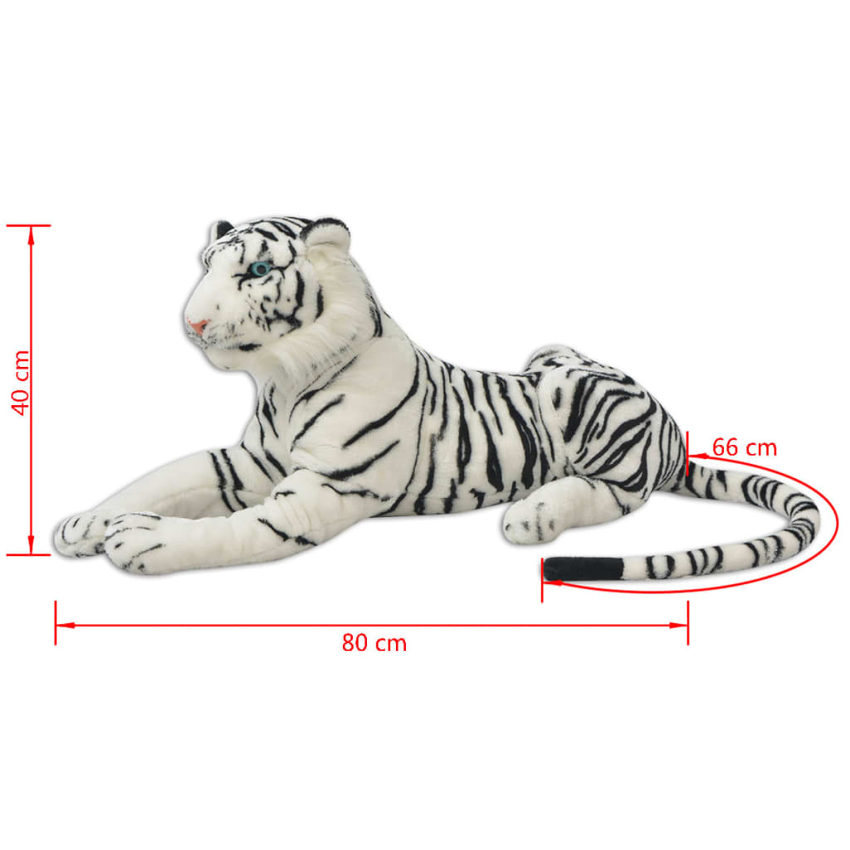 Ein weißes Tiger-Stofftier mit schwarzen Streifen. Die Abmessungen sind angegeben: 80 cm lang, 40 cm hoch und 66 cm Schwanz.