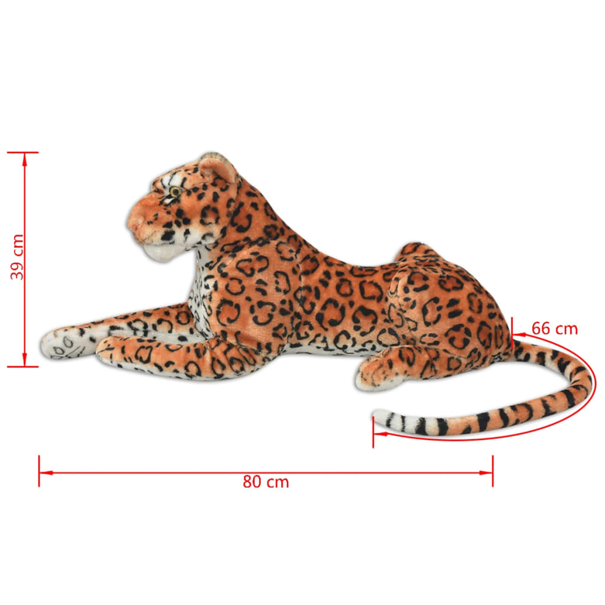 Ein Plüschleopard-Spielzeug in Liegeposition mit orangefarbenen und schwarzen Flecken. Abmessungen: 80 cm lang, 39 cm hoch und 66 cm langer Schwanz.