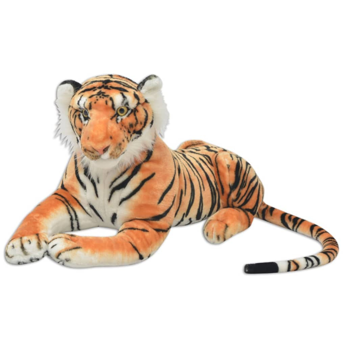 Ein Stofftiger liegt auf weißem Hintergrund. Es hat orangefarbenes Fell mit schwarzen Streifen. Sein Schwanz ist schwarz-weiß gestreift.