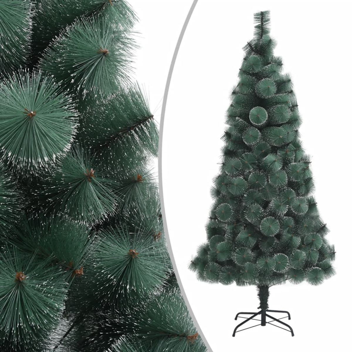 Ein grüner künstlicher Weihnachtsbaum auf weißem Hintergrund. Nahaufnahme zeigt Nadeln und Äste. Baum hat ein schwarzes Metallgestell.