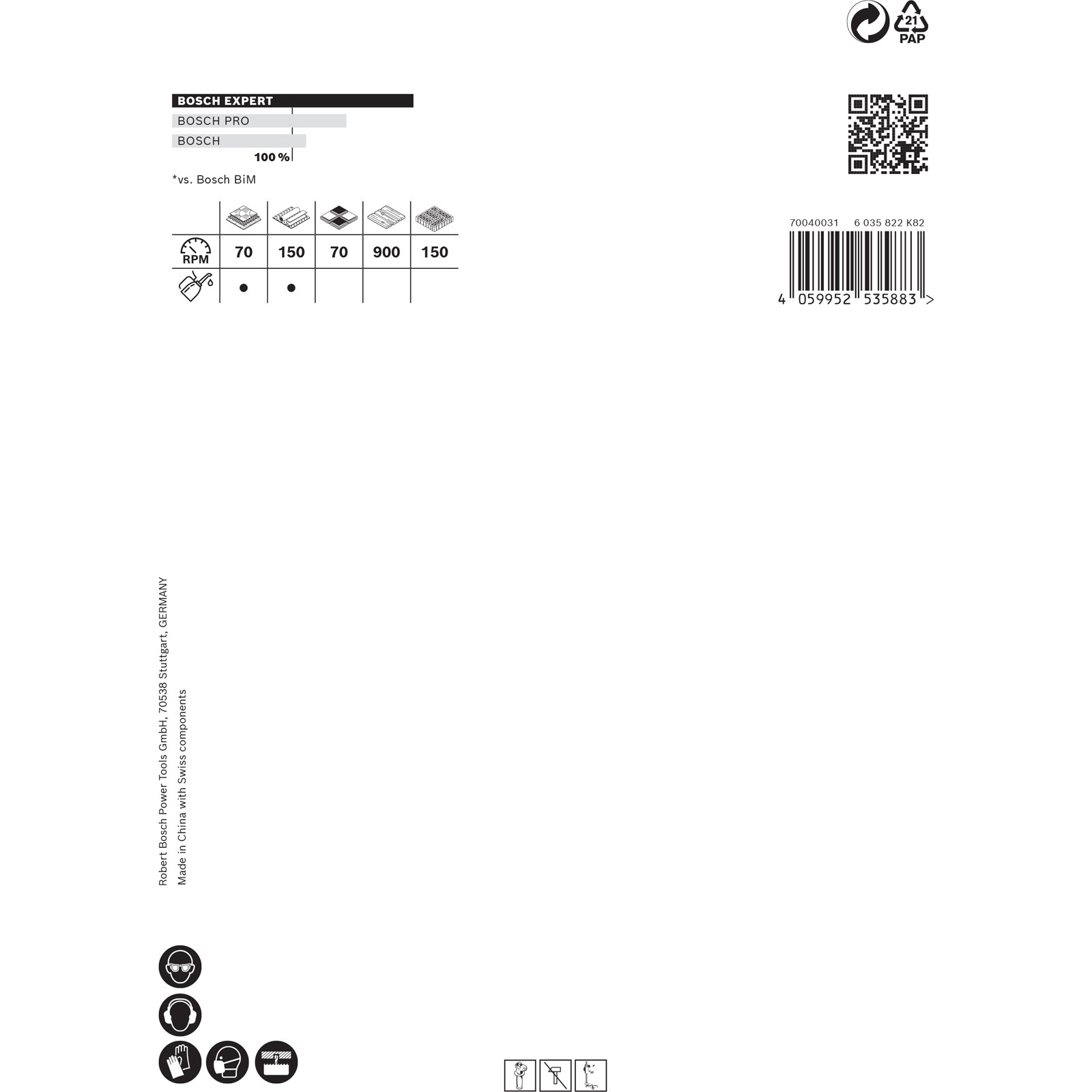 Białe tło z informacjami o produkcie Bosch, diagramami i kodem kreskowym. Zawiera tekst o RPM i specyfikacjach.