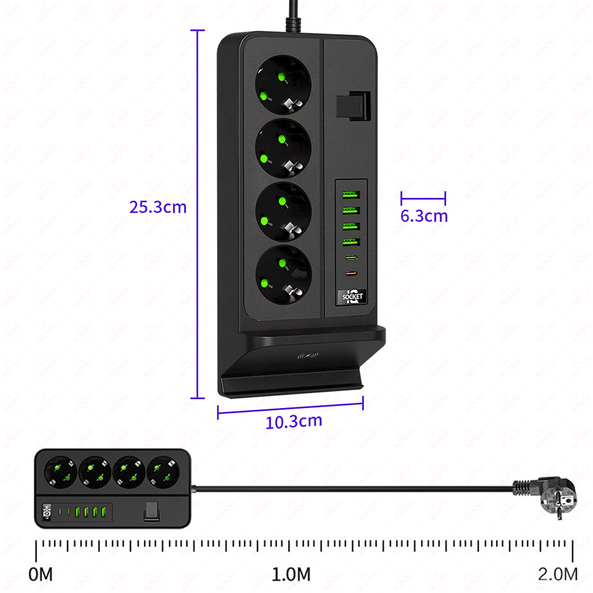 Schwarze Steckdosenleiste mit Steckdosen, USB-Anschlüssen und kabelloser Ladestation. Abmessungen werden angezeigt. Ein Kabel führt zu einem Stecker.