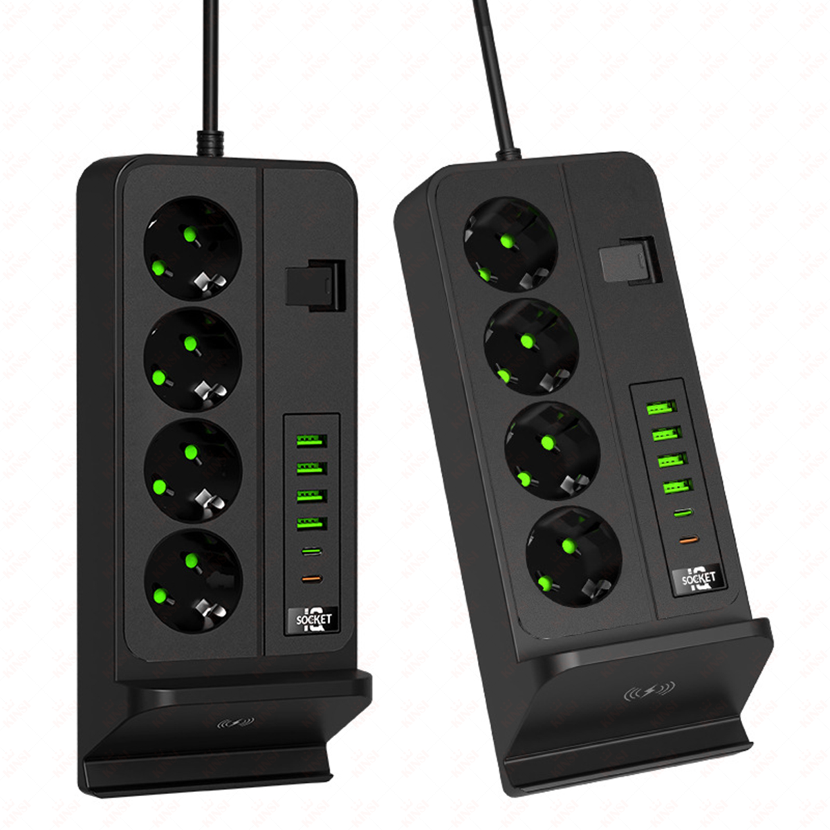 Zwei schwarze Steckdosenleisten mit mehreren Steckdosen, USB-Anschlüssen und einem kabellosen Ladepad. Grüne Lichter zeigen den Strom- und Ladestatus an.