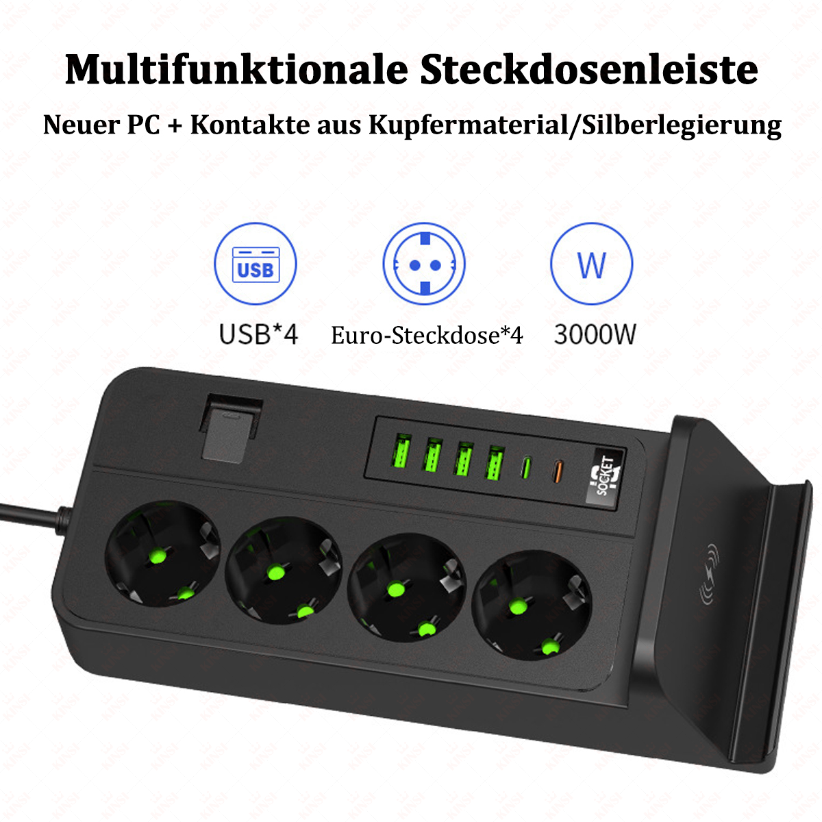 Schwarze Steckdosenleiste mit USB, Euro-Steckdosen und kabellosem Laden. Textbezeichnungen: USB*4, Euro-Steckdose*4, 3000W. Text oben auf Deutsch.
