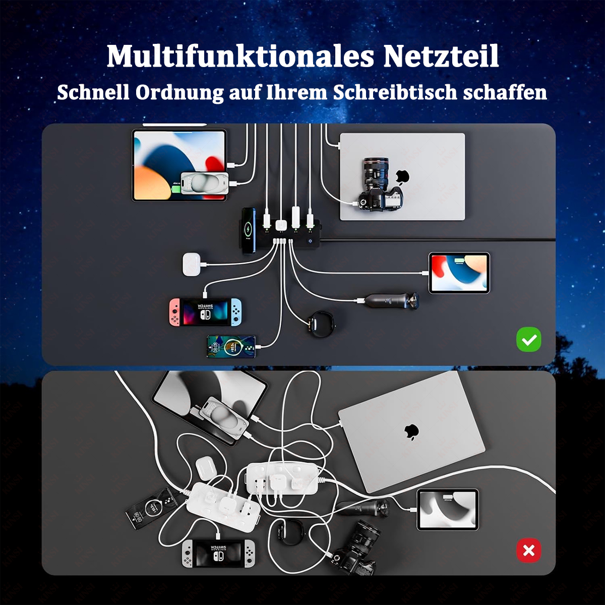Oben: Geräte werden ordentlich geladen. Unten: Unordentliche Kabel mit denselben Geräten. Text: Multifunktionale Stromversorgung für Ordnung.