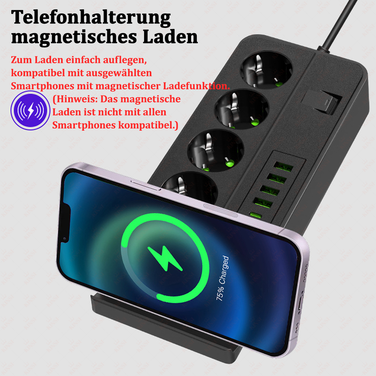 Ein Telefon wird auf einer schwarzen Ladestation aufgeladen. Das Telefon zeigt ein grünes Ladesymbol. Eine Steckdosenleiste ist im Hintergrund.