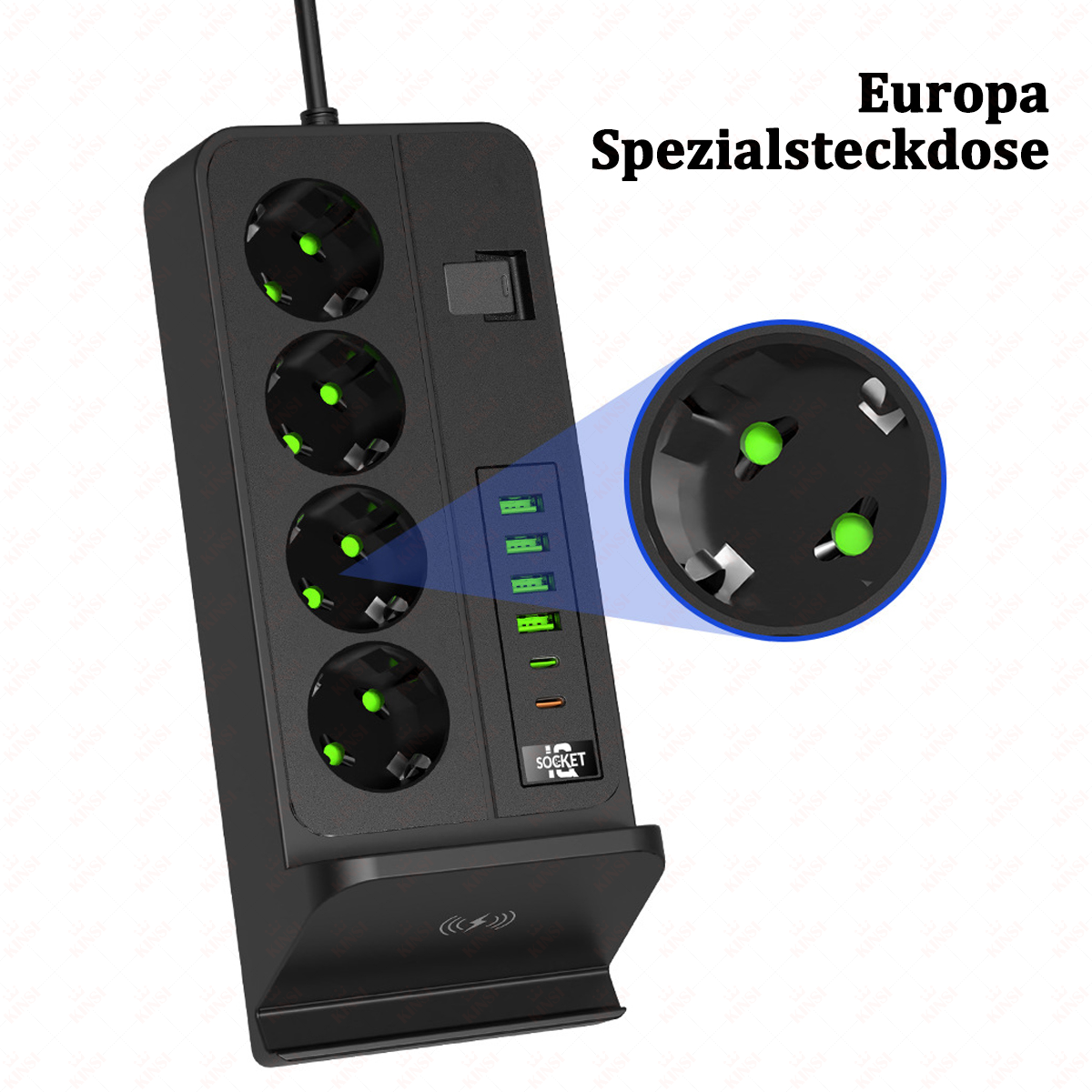 Schwarze Steckdosenleiste mit mehreren Steckdosen, USB-Anschlüssen und einem Telefon-Ladepad. Text: Europa Spezialsteckdose.