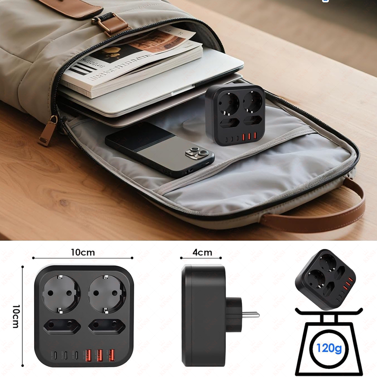 Ein schwarzer Netzadapter, ein Laptop, ein Telefon und Bücher in einer Tasche. Der Adapter ist 10x10x4 cm groß und wiegt 120 g.