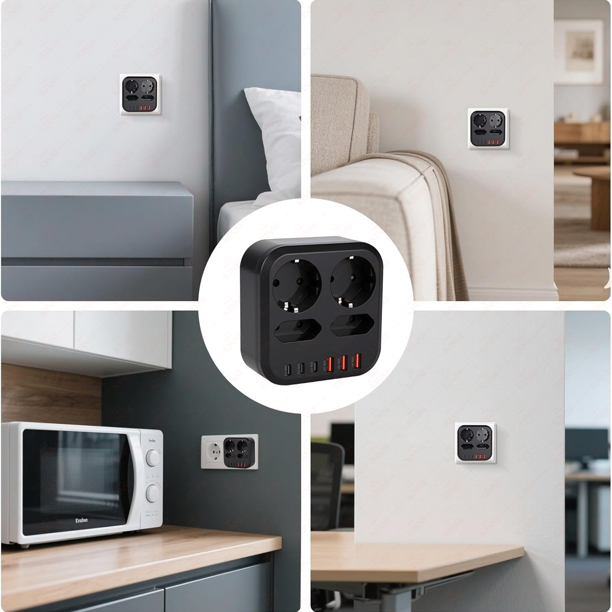 Vier Szenen zeigen einen schwarzen Netzadapter mit mehreren Steckdosen und USB-Anschlüssen. Steckdosen sind ebenfalls in den Wänden zu sehen.