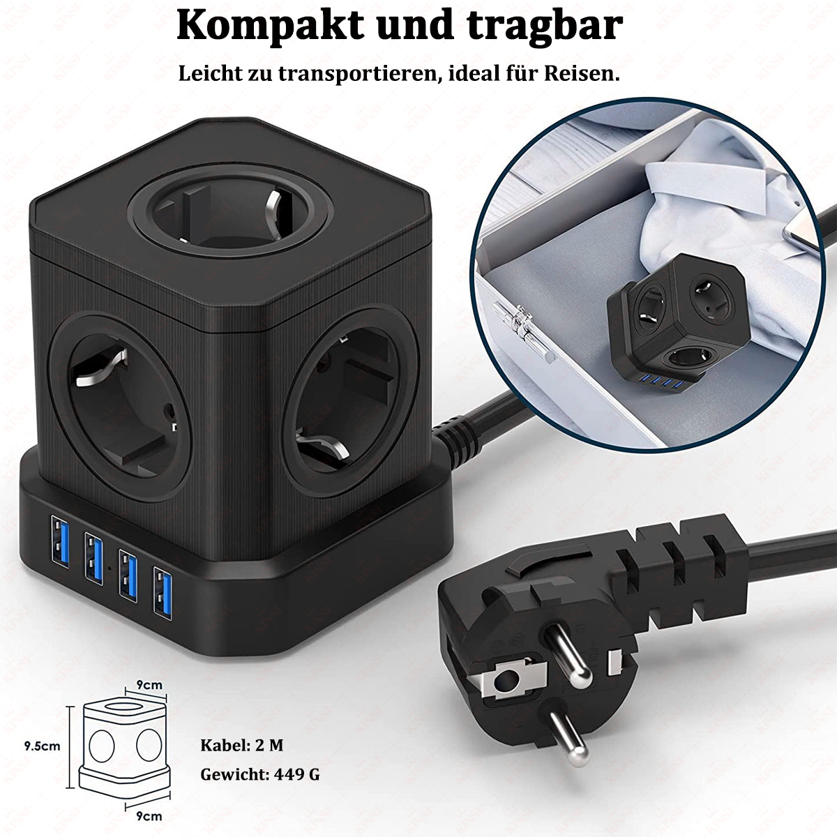 Schwarzer Power Cube mit Steckdosen und USB-Anschlüssen, Stecker und Abmessungen. Kompakt und tragbar für Reisen.