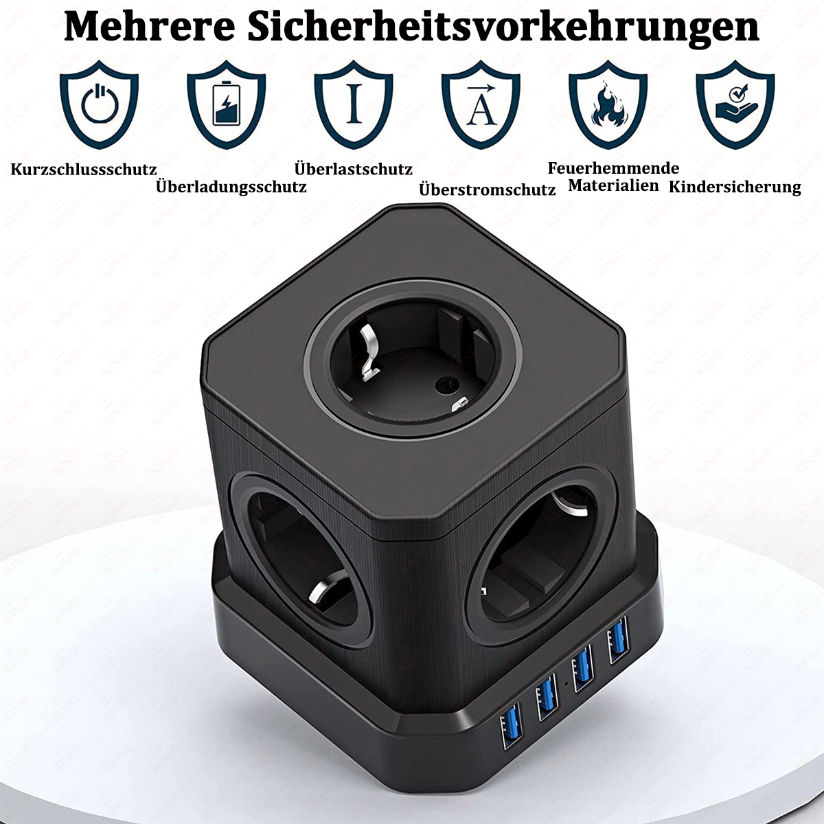 Schwarze Steckdosenleiste mit mehreren Steckdosen und USB-Anschlüssen. Sicherheits-Symbole darüber. Produkt auf weißer Oberfläche.