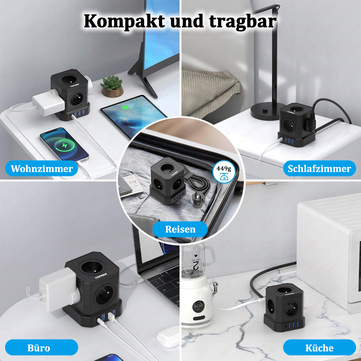 Schwarzer Power-Cube mit Steckdosen und USB-Anschlüssen. Gezeigt in Wohnzimmer-, Schlafzimmer-, Büro-, Küchen- und Reiseumgebungen.