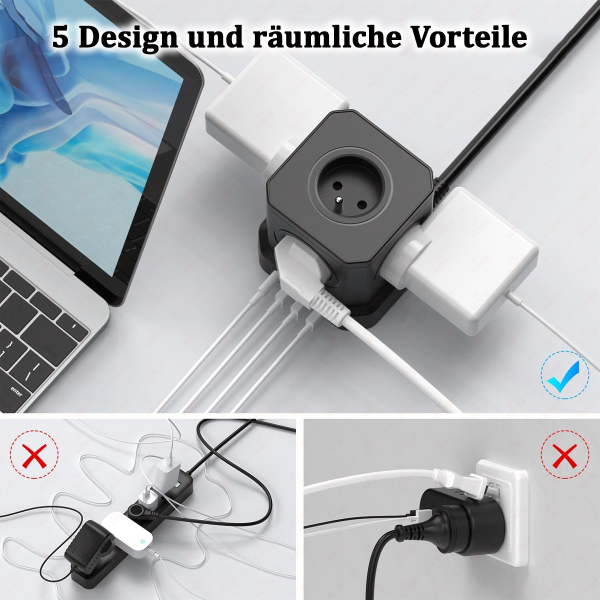 Ein Mehrfachstecker mit mehreren Steckdosen und einem Laptop. Ein Häkchen kennzeichnet gutes Design. Ein X zeigt ein Kabelsalat.