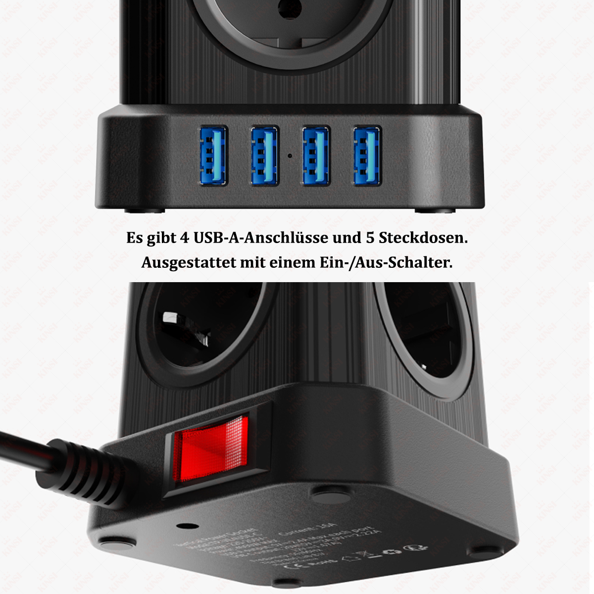 Schwarze Steckdosenleiste mit 4 USB-Anschlüssen, 5 Steckdosen und einem roten Ein-/Ausschalter. Produktdetails sichtbar.
