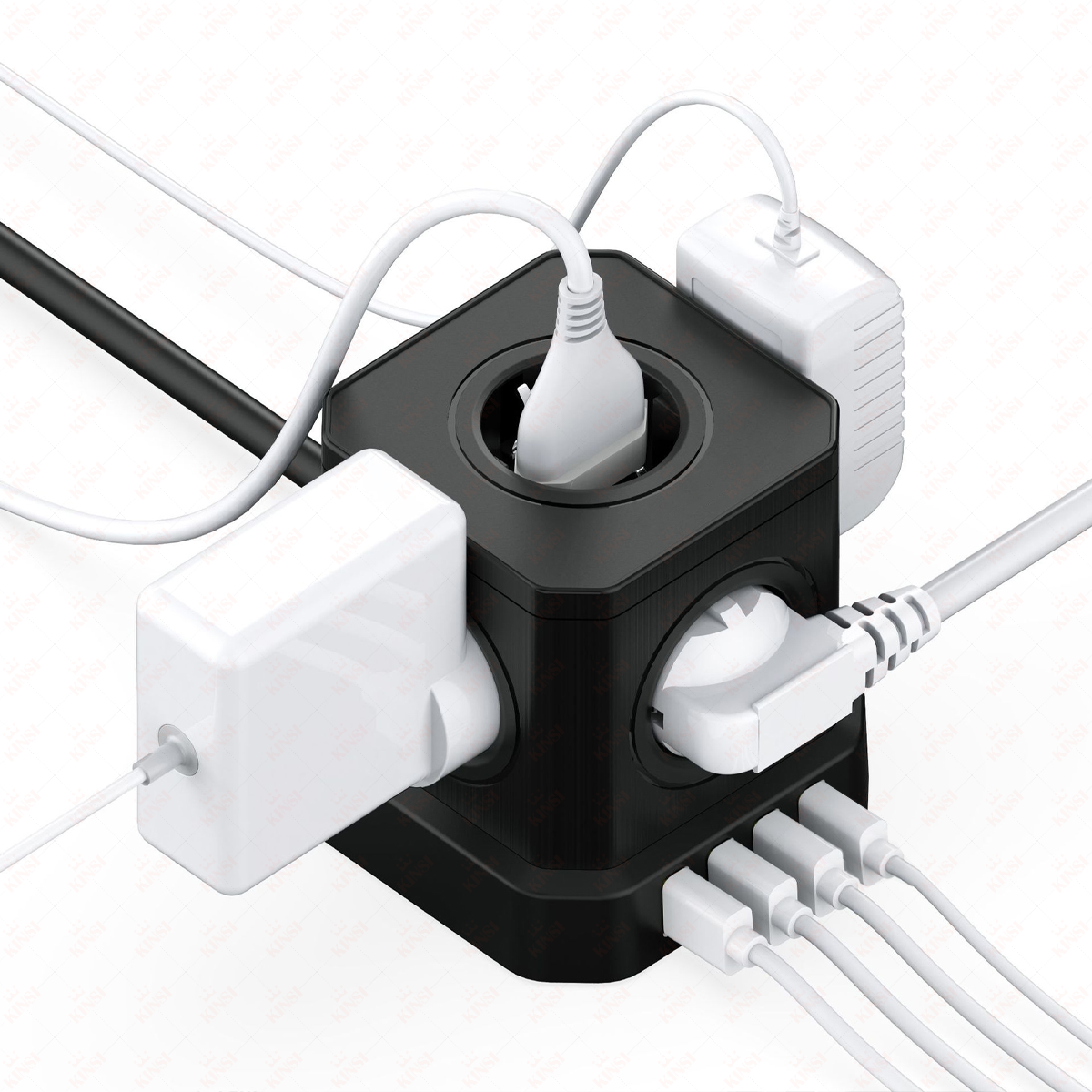Ein schwarzer Stromadapterwürfel mit mehreren weißen Steckern und Ladegeräten. Weiße Kabel führen vom Würfel zum Hintergrund.