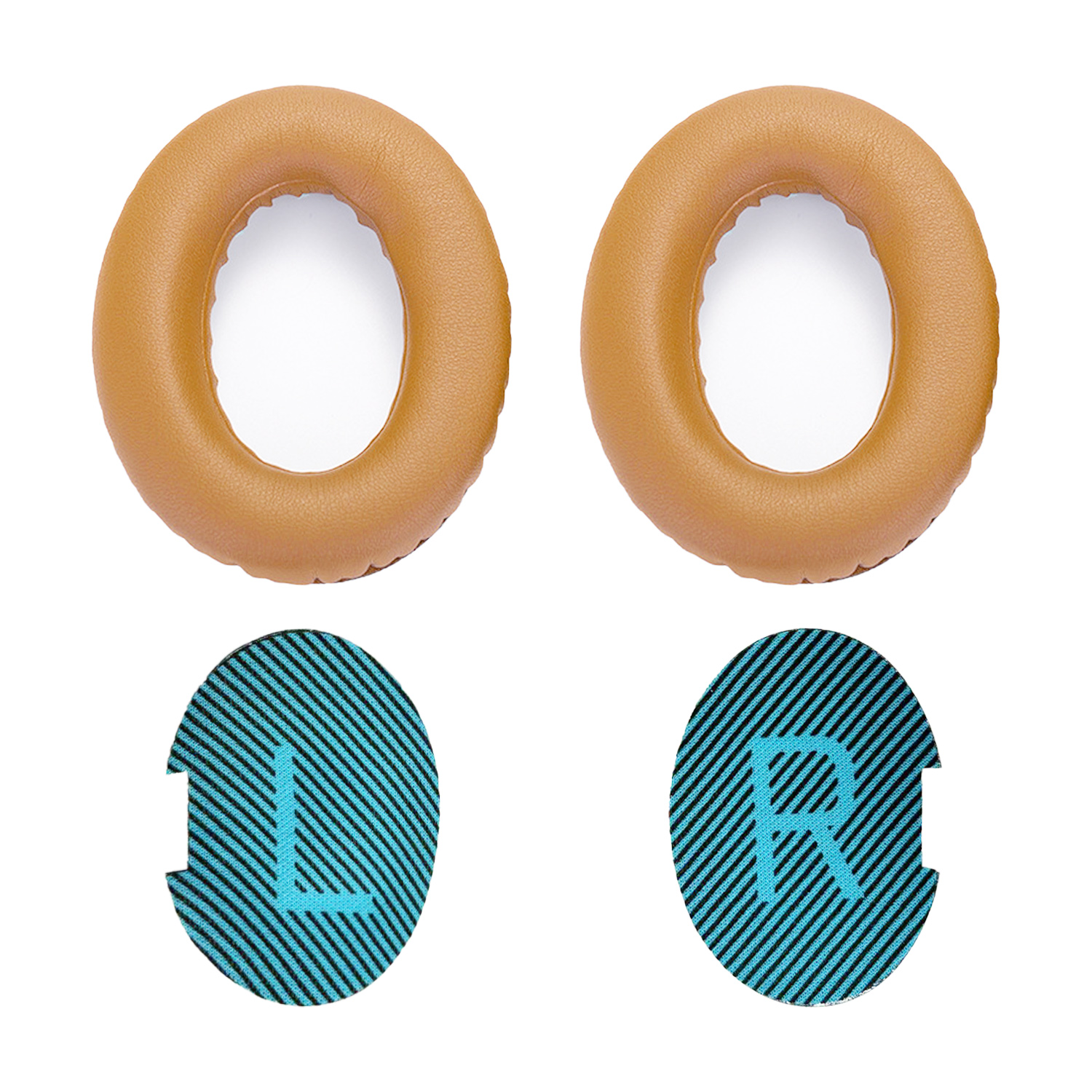 Zwei ockerfarbene Ohrpolster über zwei tealfarbenen Pads mit schwarzen Streifen. Ein tealfarbenes Pad hat den Buchstaben 'L', das andere den Buchstaben 'R'.