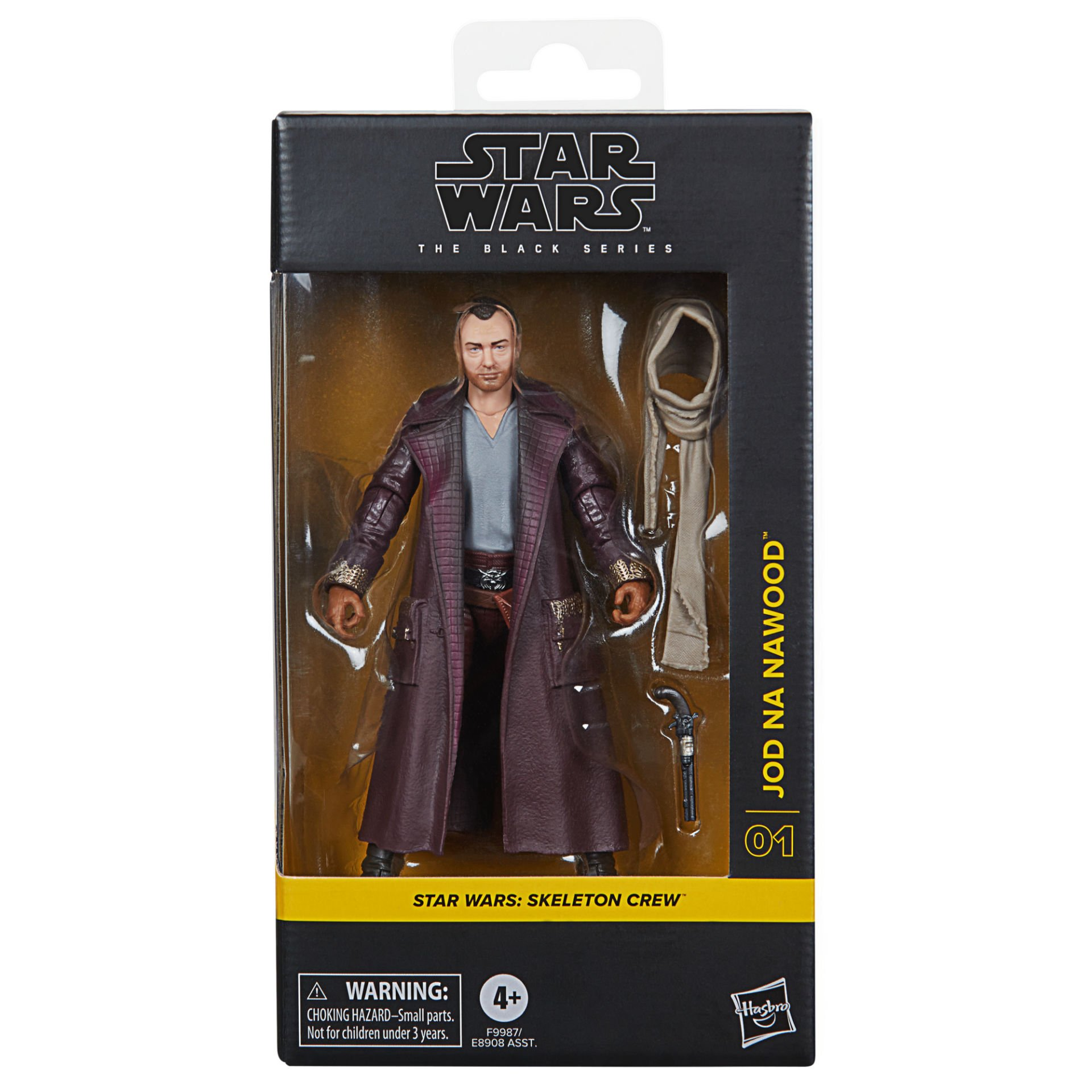 Kutuda Star Wars aksiyon figürü. Figür, uzun bir ceket ve eşarp giyen Jod Na Nawood'dur. Kutuda Star Wars logosu var.