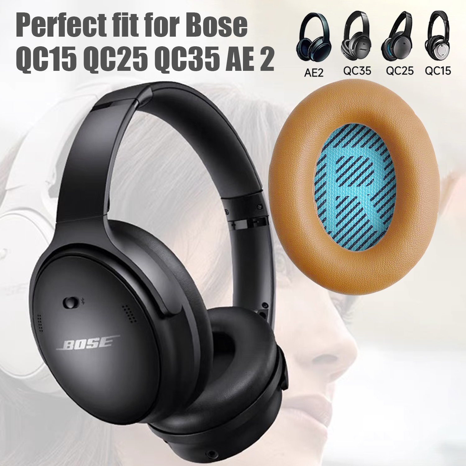 Schwarze Bose-Kopfhörer mit braunem Ohrpolster. Text: Perfect fit for Bose QC15 QC25 QC35 AE 2. Vier Kopfhörermodelle werden gezeigt.