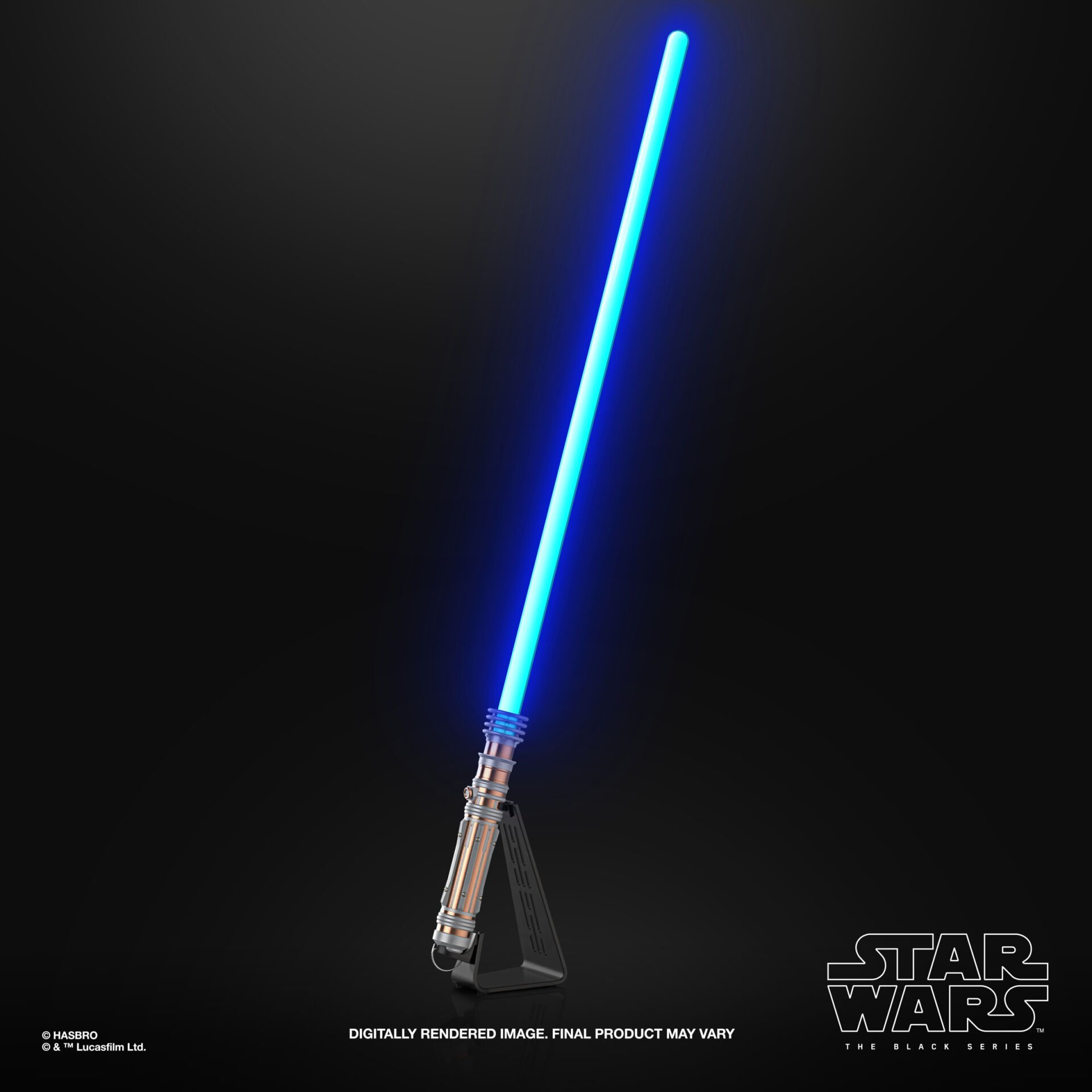 Sable de luz azul sobre un soporte. La hoja está iluminada. El mango es plateado y cobrizo. Logo de Star Wars abajo.