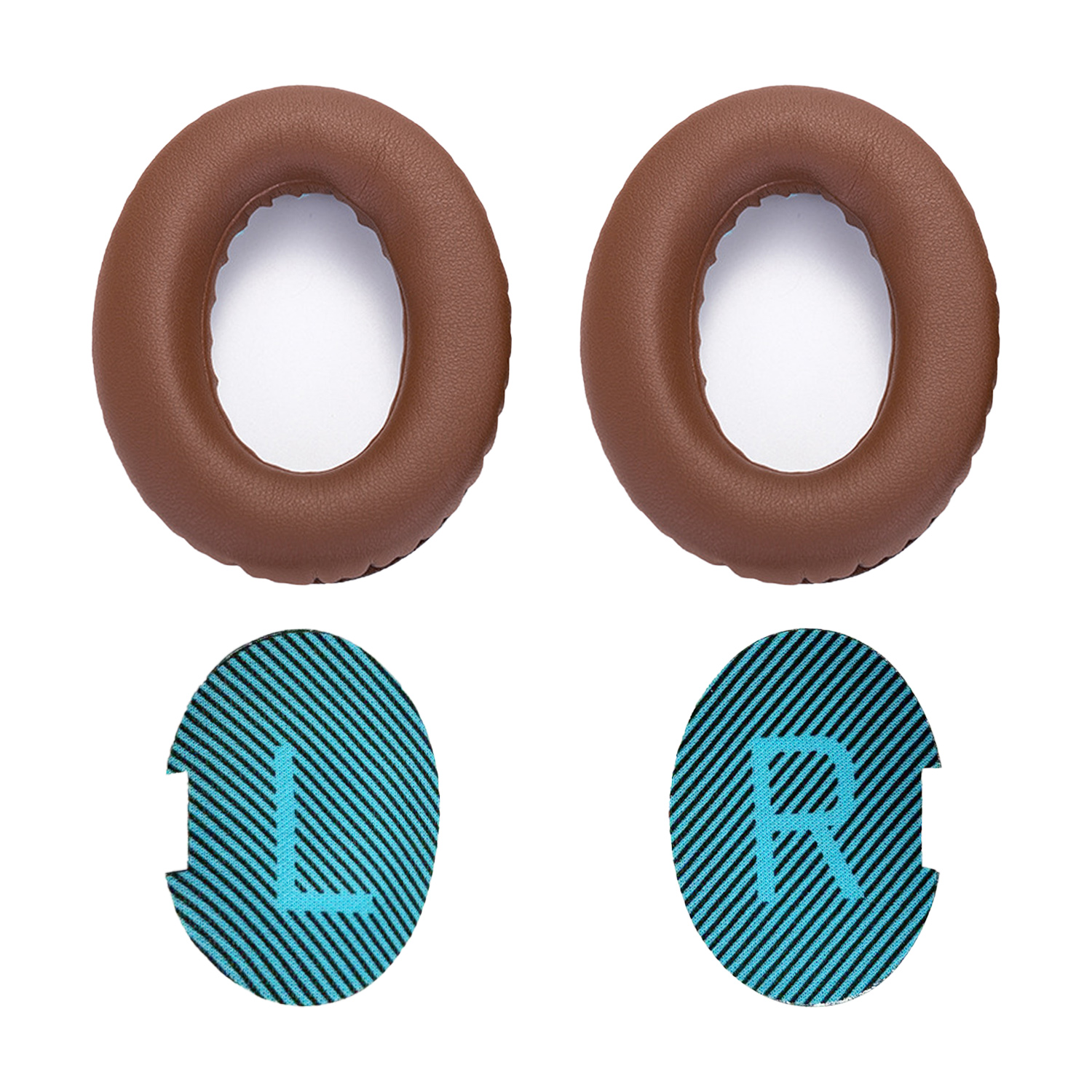 Dwie brązowe poduszki nauszne nad dwiema niebieskimi, paskowanymi podkładkami z literami 'L' i 'R'. Białe tło.